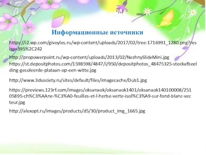 Информационные источникиhttps://i2.wp.com/givoyles.ru/wp-content/uploads/2017/02/tree-1716991_1280.png?resize=395%2C242http://propowerpoint.ru/wp-content/uploads/2013/02/NezhnySlideMini.jpghttps://st.depositphotos.com/1598598/4847/i/950/depositphotos_48475325-stockafbeelding-gesoleerde-plataan-op-een-witte.jpghttp://www.3dsociety.ru/sites/default/files/imagecache/Dub1.jpghttps://previews.123rf.com/images/oksanaok/oksanaok1401/oksanaok140100008/25105895-ch%C3%AAne-%C3%A0-feuilles-et-l-herbe-verte-isol%C3%A9-sur-fond-blanc-vecteur.jpghttp://alexopt.ru/images/products/d5/30/product_img_1665.jpg