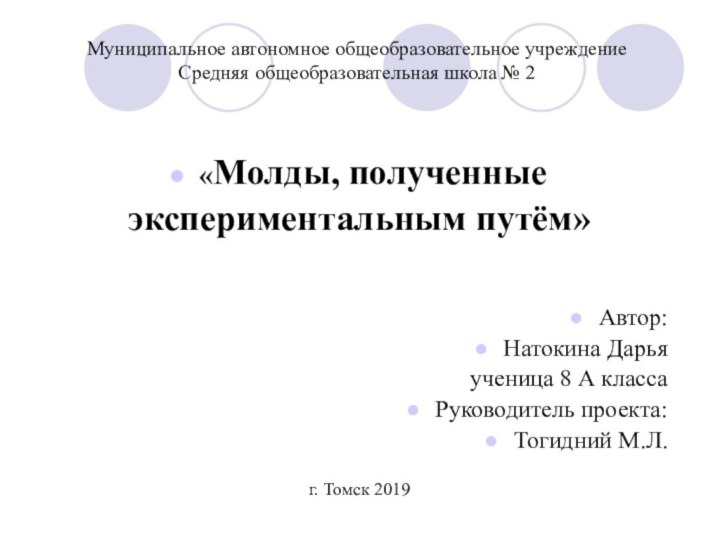 Муниципальное автономное общеобразовательное учреждение Средняя общеобразовательная школа № 2«Молды, полученные экспериментальным путём»Автор:Натокина