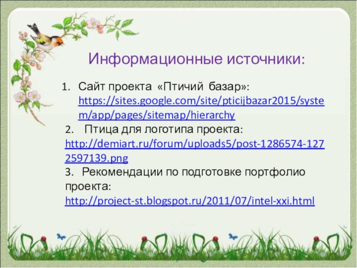 Информационные источники: Сайт проекта «Птичий  базар»: https://sites.google.com/site/pticijbazar2015/system/app/pages/sitemap/hierarchy2.    Птица для логотипа проекта: http://demiart.ru/forum/uploads5/post-1286574-1272597139.png3.   Рекомендации по подготовке портфолио проекта:  http://project-st.blogspot.ru/2011/07/intel-xxi.html