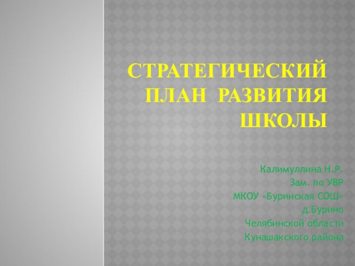 Стратегический план развития школыКалимуллина Н.Р.Зам. по УВРМКОУ «Буринская СОШ»д.БуриноЧелябинской областиКунашакского района