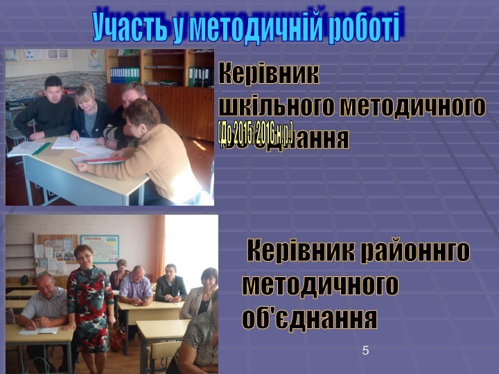 Участь у методичній роботіКерівник  шкільного методичного   об'єднання Керівник районнго