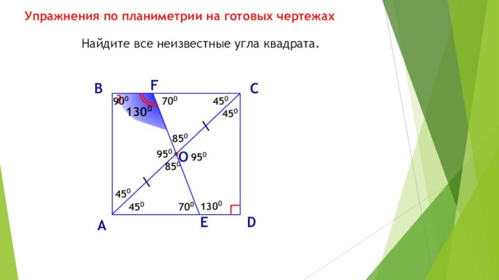 ?????450450850700700?1300?950?950?450?Найдите все неизвестные угла квадрата.АВСDЕF1300900?850?450OУпражнения по планиметрии на готовых чертежах