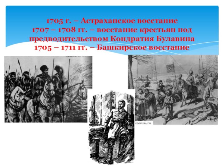 1705 г. – Астраханское восстание 1707 – 1708 гг. – восстание крестьян