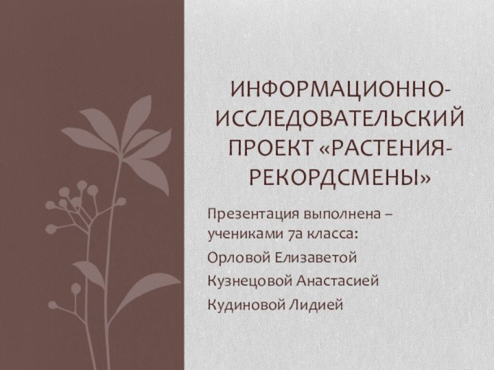 Презентация выполнена – учениками 7а класса:Орловой ЕлизаветойКузнецовой АнастасиейКудиновой ЛидиейИНФОРМАЦИОННО-ИССЛЕДОВАТЕЛЬСКИЙ ПРОЕКТ «РАСТЕНИЯ-РЕКОРДСМЕНЫ»