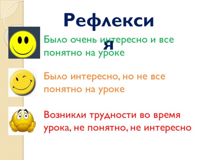 РефлексияБыло очень интересно и все понятно на урокеБыло интересно, но не все