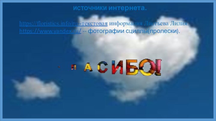 https://floristics.info/ru--текстовая информация Листьева Лилия.https://www.yandex.ru/ -- фотографии сциллы(пролески).ИСТОЧНИКИ интернета.