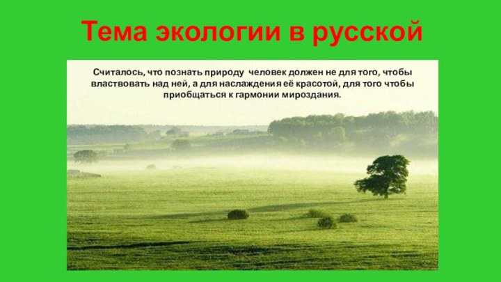 Тема экологии в русской литературеСчиталось, что познать природу человек должен не для