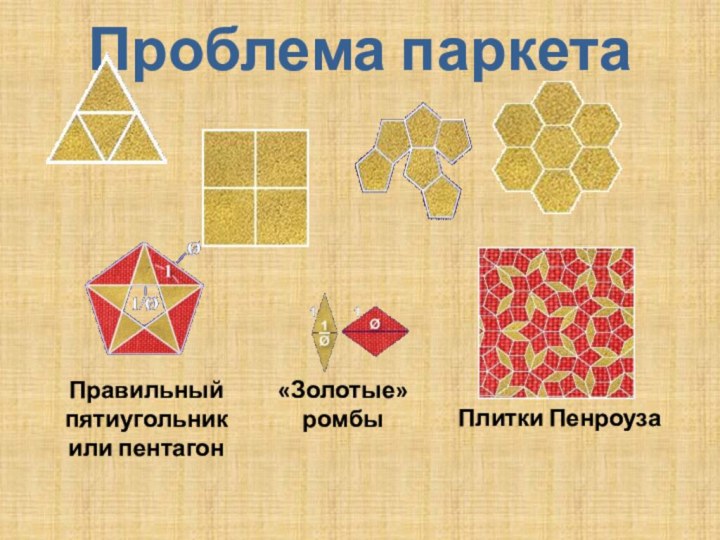 Проблема паркета Правильный пятиугольник или пентагон«Золотые» ромбыПлитки Пенроуза