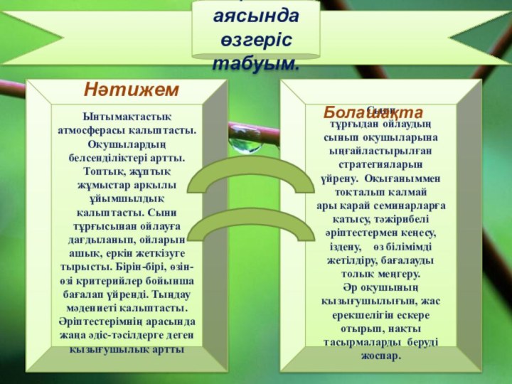 Жаңа жоба аясында өзгеріс табуым.Ынтымақтастық атмосферасы қалыптасты. Оқушылардың белсенділіктері артты. Топтық,