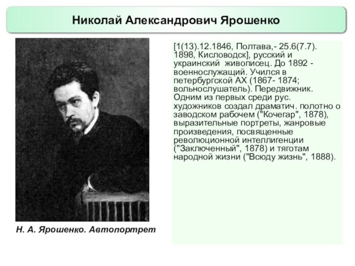 Николай Александрович Ярошенко[1(13).12.1846, Полтава,- 25.6(7.7). 1898, Кисловодск], русский и украинский живописец. До