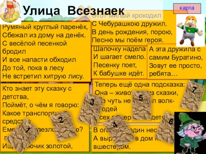 Шапочку наделаИ шагает смело.Песенку поет,К бабушке идёт.Этот милый крокодилС Чебурашкою дружил.В день