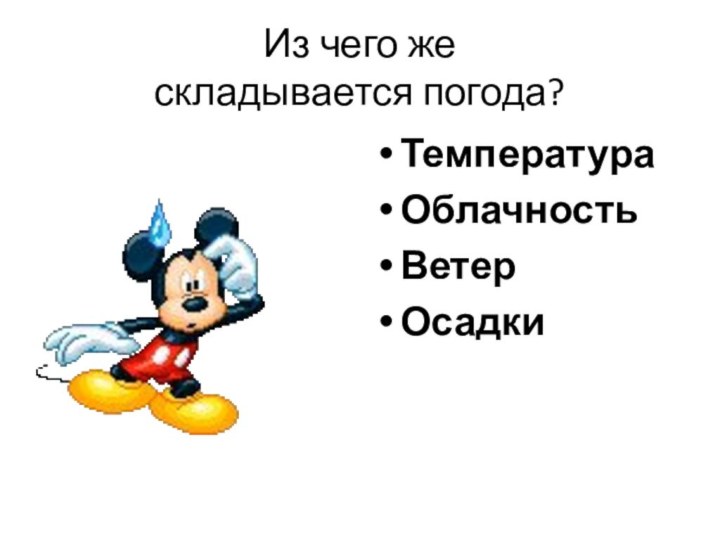 Из чего же  складывается погода? ТемператураОблачностьВетерОсадки