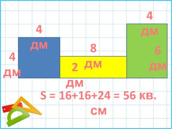 4 дм4 дм4 дм8 дм2 дм6 дмS = 16+16+24 = 56 кв.см