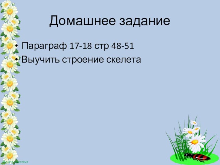 Домашнее заданиеПараграф 17-18 стр 48-51Выучить строение скелета