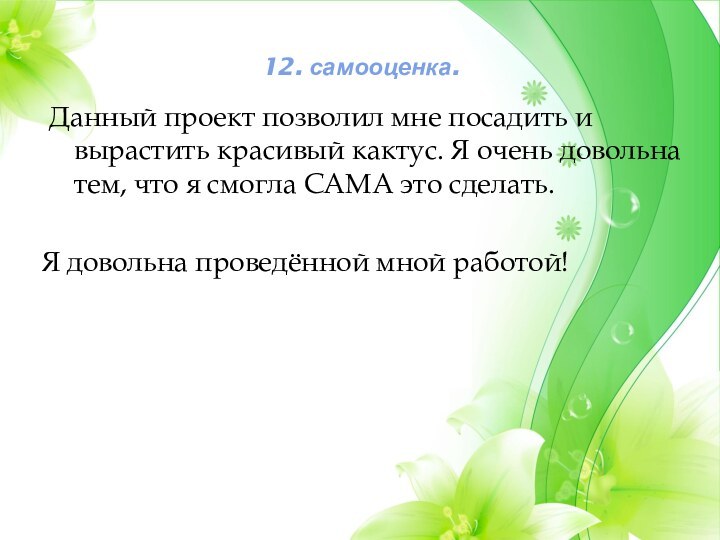 12. самооценка. Данный проект позволил мне посадить и вырастить красивый кактус. Я