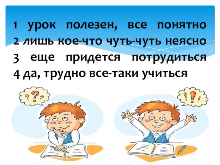 1 урок полезен, все понятно 2 лишь кое-что чуть-чуть неясно 3 еще