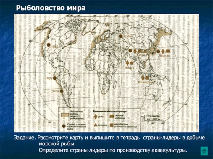 Рыболовство мираЗадание. Рассмотрите карту и выпишите в тетрадь страны-лидеры в добыче