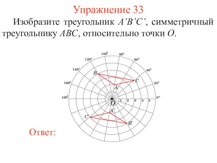 Упражнение 33	Изобразите треугольник A’B’С’, симметричный треугольнику ABC, относительно точки O.