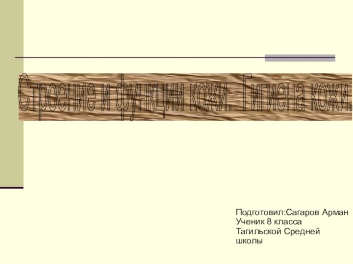 Строение и функции кожи. Гигиена кожи. Подготовил:Сагаров АрманУченик 8 классаТагильской Средней школы