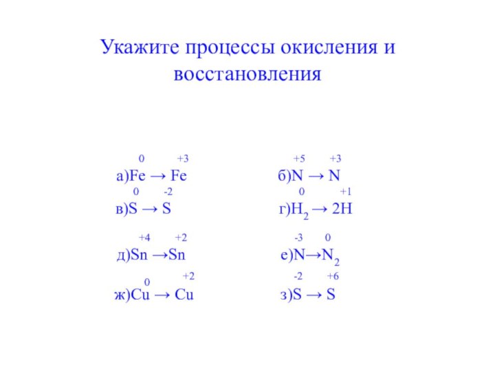 Укажите процессы окисления и восстановления