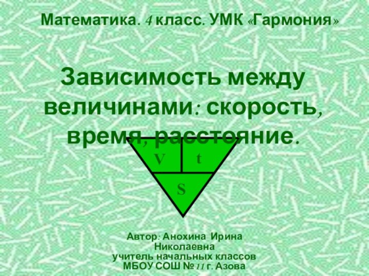 VtSМатематика. 4 класс. УМК «Гармония» Зависимость между величинами: скорость, время, расстояние. Автор: