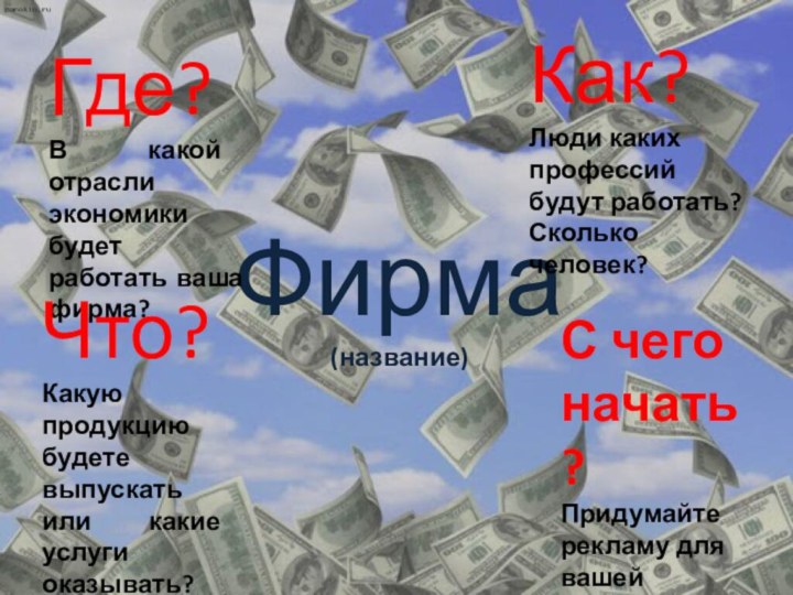 Фирма(название)Где?В какой отрасли экономики будет работать ваша фирма?Что?Какую продукцию будете выпускать или