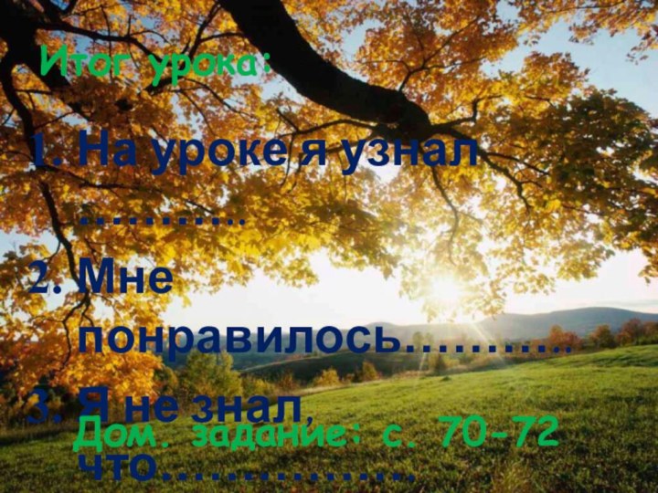 Итог урока: На уроке я узнал ………..Мне понравилось………..Я не знал, что…………….Дом. задание: с. 70-72