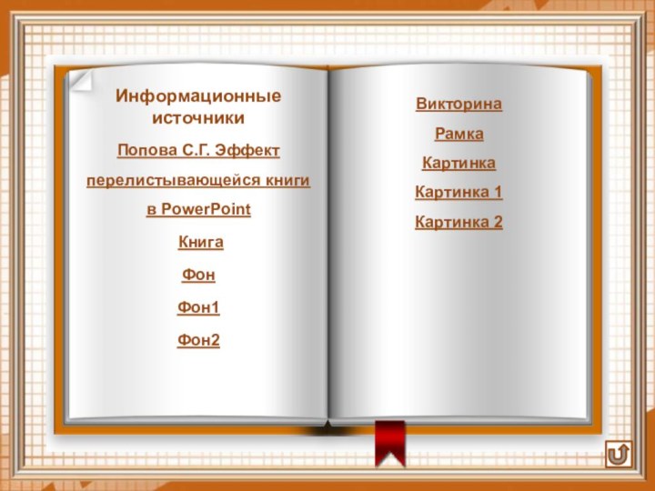 Попова С.Г. Эффект перелистывающейся книги в PowerPoint Книга ФонФон1Фон2Информационные  источникиВикторинаРамкаКартинкаКартинка 1Картинка 2