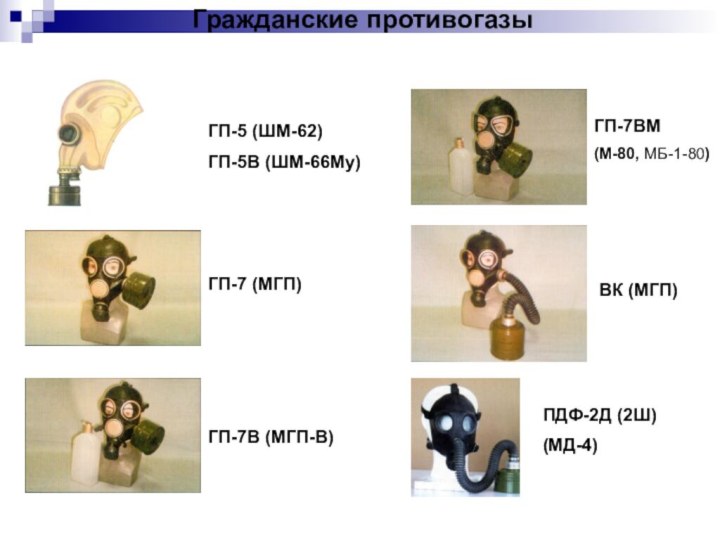 Гражданские противогазыГП-7 (МГП)ГП-5 (ШМ-62)ГП-5В (ШМ-66Му)ГП-7В (МГП-В)ГП-7ВМ (М-80, МБ-1-80)ВК (МГП)ПДФ-2Д (2Ш)(МД-4)