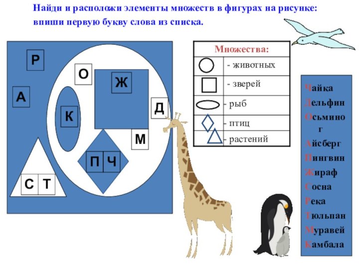 Найди и расположи элементы множеств в фигурах на рисунке: