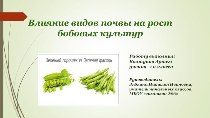 Влияние видов почвы на рост бобовых культурРаботу выполнил: Колтунов Артем ученик