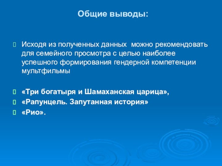 Общие выводы: Исходя из полученных данных можно рекомендовать для семейного просмотра с