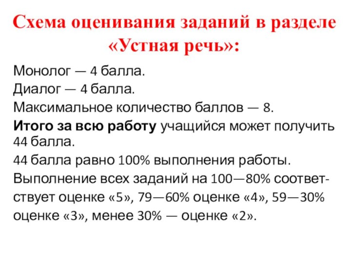 Схема оценивания заданий в разделе «Устная речь»:Монолог — 4 балла.Диалог — 4