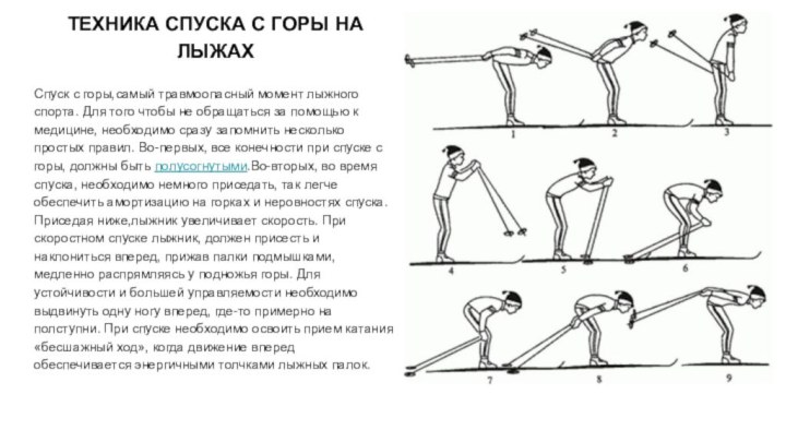 ТЕХНИКА СПУСКА С ГОРЫ НА ЛЫЖАХСпуск с горы,самый травмоопасный момент лыжного спорта.