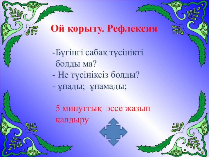 Ой қорыту. РефлексияБүгінгі сабақ түсінікті болды ма? Не түсініксіз болды? ұнады; ұнамады;5 минуттық эссе жазып қалдыру