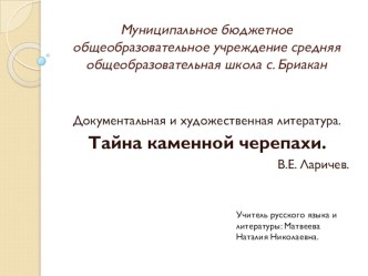 Презентация к уроку дальневосточной литературы в 7 классе  Тайна каменной черепахи. В.Е. Ларичев