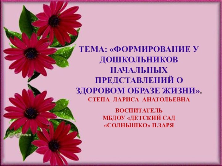 Тема: «Формирование у дошкольников начальных представлений о здоровом образе жизни».Степа Лариса АнатольевнаВоспитатель МБДОУ «детский сад«Солнышко» п.Заря