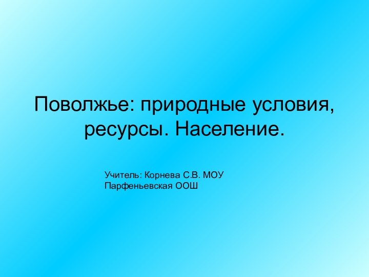 Поволжье: природные условия, ресурсы. Население.Учитель: Корнева С.В. МОУ Парфеньевская ООШ