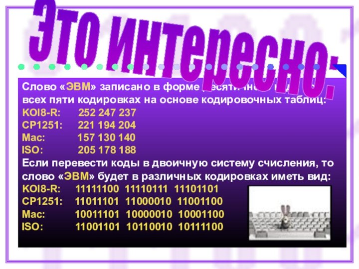 Слово «ЭВМ» записано в форме десятичного кода во всех пяти кодировках на