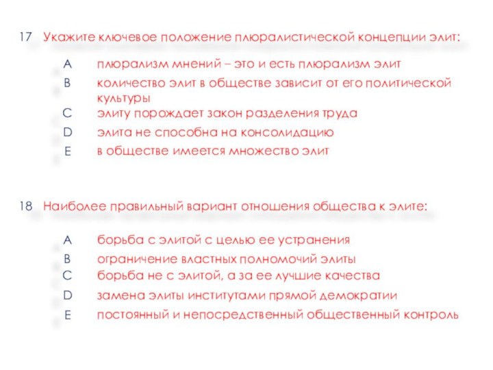 Укажите ключевое положение плюралистической концепции элит:Aплюрализм мнений – это и есть плюрализм