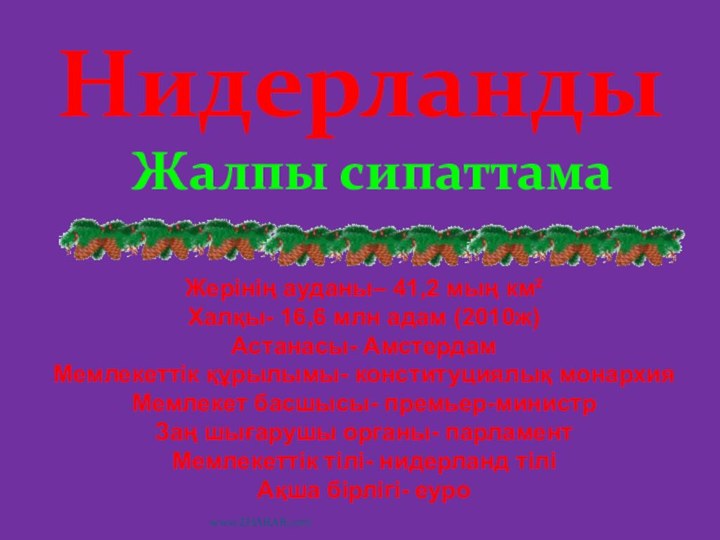 Жерінің ауданы– 41,2 мың км²Халқы- 16,6 млн адам (2010ж)Астанасы- АмстердамМемлекеттік құрылымы- конституциялық