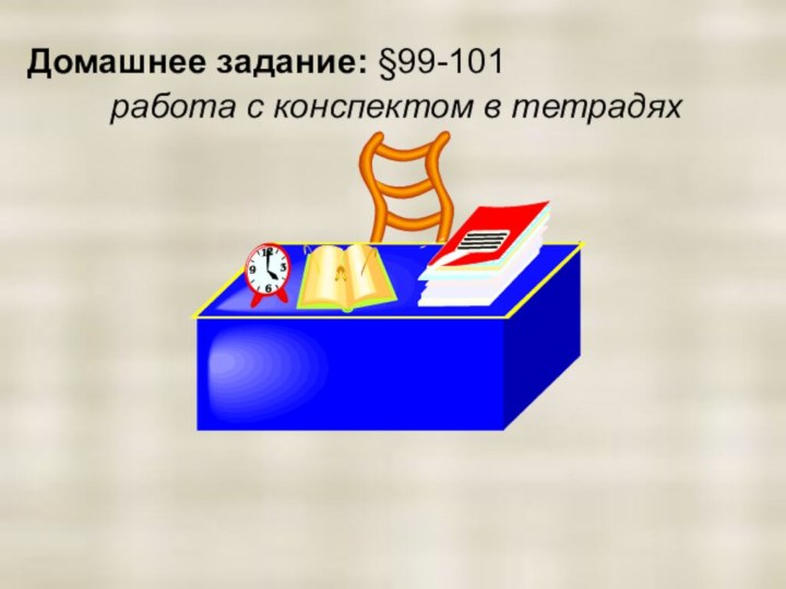 Домашнее задание: §99-101работа с конспектом в тетрадях