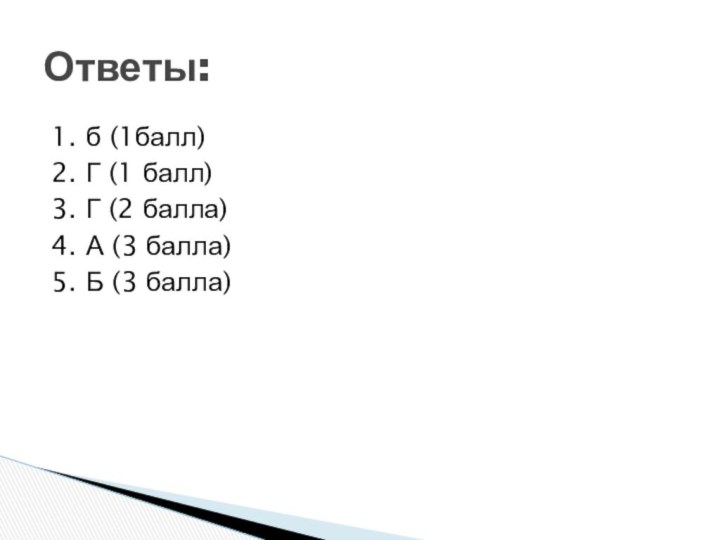 1. б (1балл)2. Г (1 балл)3. Г (2 балла)4. А (3 балла)5. Б (3 балла)Ответы: