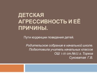 Родительское собрание в начальной школе Детская агрессивность и её причины. Пути коррекции поведения детей.