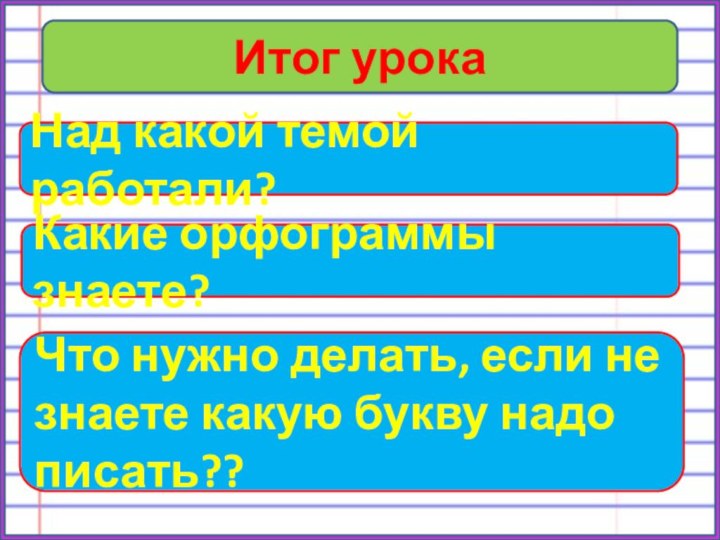 Итог урокаНад какой темой работали?Какие орфограммы знаете?Что нужно делать, если не знаете какую букву надо писать??