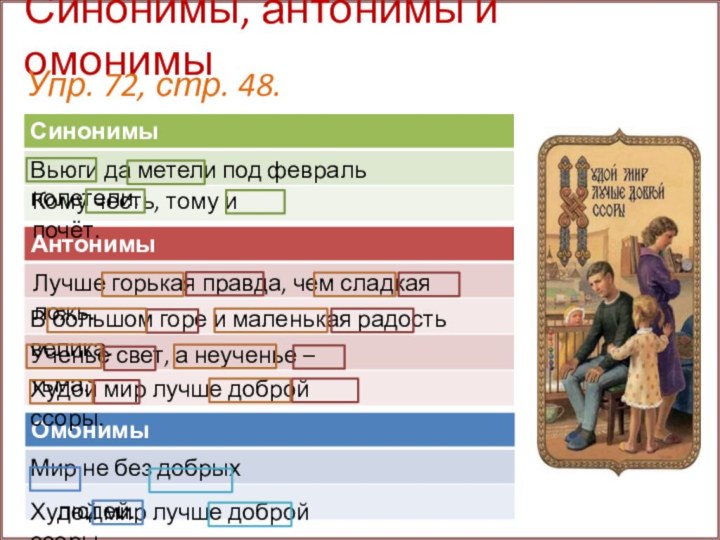 Синонимы, антонимы и омонимыУпр. 72, стр. 48.Вьюги да метели под февраль полетели.Кому