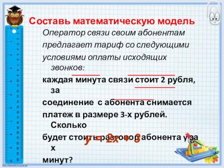 Составь математическую модельОператор связи своим абонентампредлагает тариф со следующимиусловиями оплаты исходящих звонков:каждая