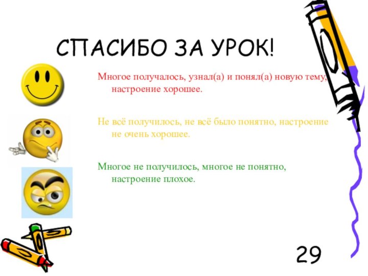 СПАСИБО ЗА УРОК!Многое получалось, узнал(а) и понял(а) новую тему, настроение хорошее.Не всё
