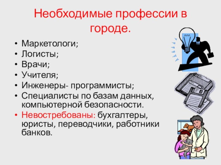 Необходимые профессии в городе.Маркетологи;Логисты;Врачи;Учителя;Инженеры- программисты;Специалисты по базам данных, компьютерной безопасности.Невостребованы: бухгалтеры, юристы, переводчики, работники банков.