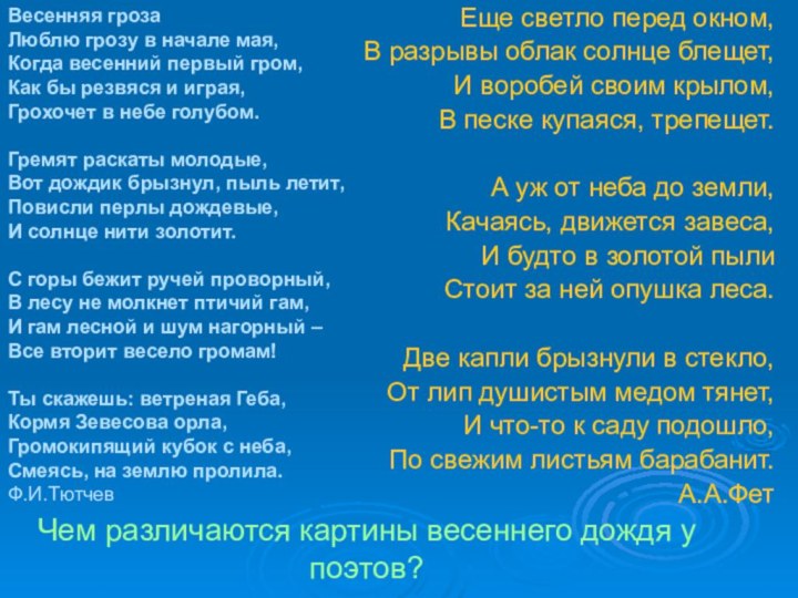 Чем различаются картины весеннего дождя у поэтов?Еще светло перед окном,В разрывы облак